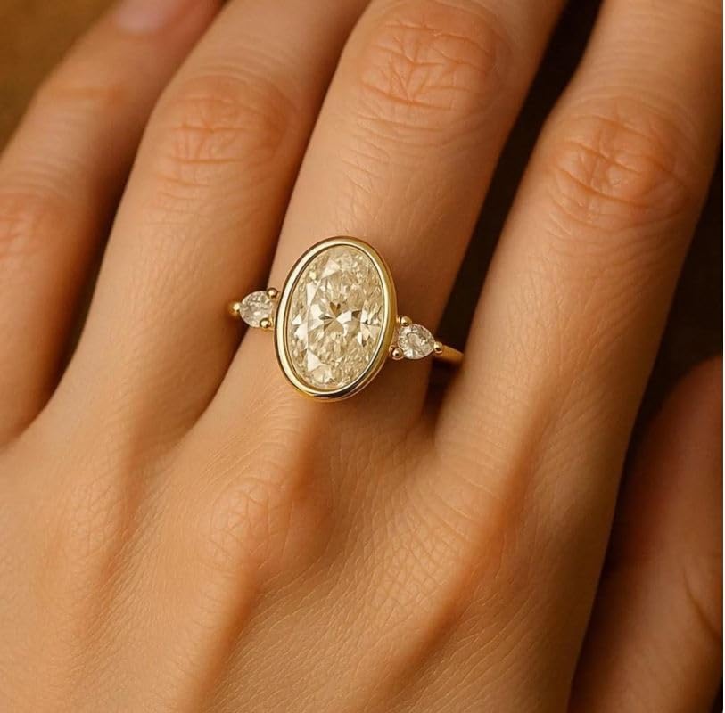 2CT Oval & Pear Cut Diamond Sparkle Wedding Ring, Engagement Stackable Ring, Three Stone Bezel Set Ring,14K Gold Plated,Women Gifted Ring,Gifted For Her,Size 3-12. 5