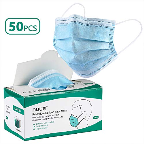 NUÜR 50 pcs Disposable 3 Ply Face Masks with Filter, General/Civilian Use One-Size, Fits All (50 pack box)