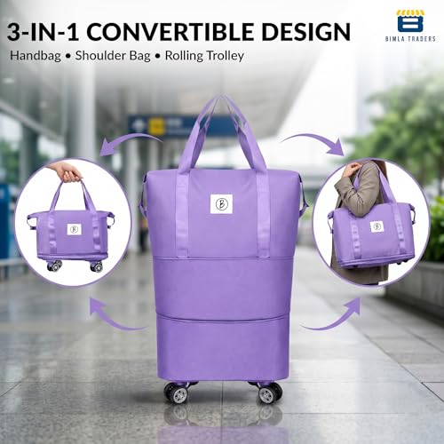 Image of Btag Travel Duffle Bag with Wheels |Convertible Handbag, Trolley & Shoulder Luggage for Clothes |Space-Saving Foldable Travel Companion |Expandable & Waterproof Traveling Bag for Unisex (Light Purple)