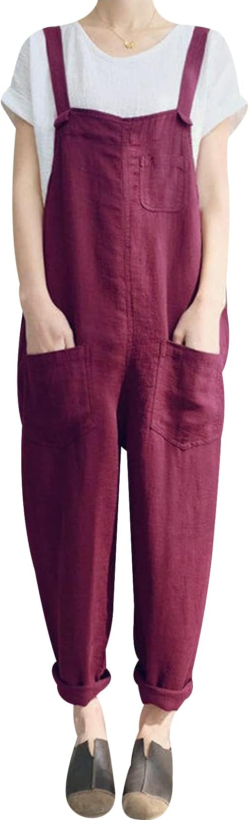 GihuoWomen's Fashion Baggy Cotton Linen Overalls Casual Jumpsuit
