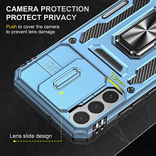 Image of Slide Camera Cover with Ring Holder Mobile Phone Case Cover for Samsung Galaxy S22 Plus / S22+ (Blue)