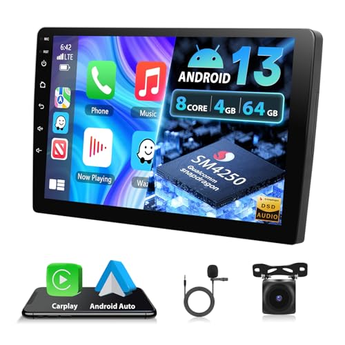 Motorsi 8 Núcleo 4+64G 2 DIN Autoradio con Kabelloses Carplay/Android Auto, 10" Android Bildschirm Pantalla táctil con GPS/Bluetooth/SWC/FM/RDS/DSP/WiFi/USB Radio Receptor+Cámara Trasera