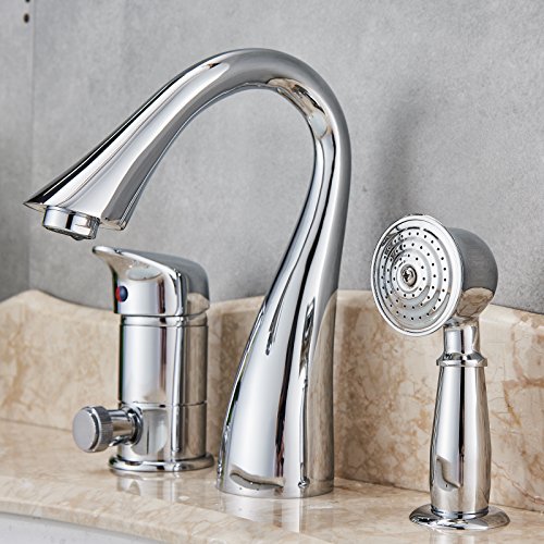 Rozin Deck Mount 3 Holes Bathtub Faucet Single Lever Mixer with Handheld Shower Chrome Finish - Thumbnail 5