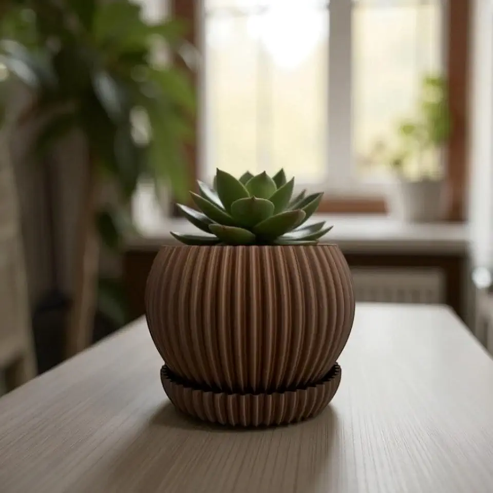 Kit 1/2/3 Vasos para Suculentas com Bandeja – Mini Vaso Decorativo Cachepô para Plantas Naturais em Textura Ondulada(MARROM)