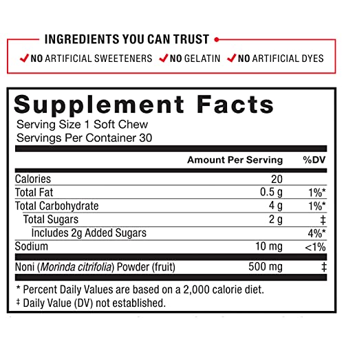 Force Factor Noni Fruit Chews For Immunity And Skin Health Support, Noni Juice Supplement, Plant-Based Antioxidant Superfood Chews, Gluten-Free, & Vegan, Apple Berry Flavor, 30 Soft Chews #TOP5