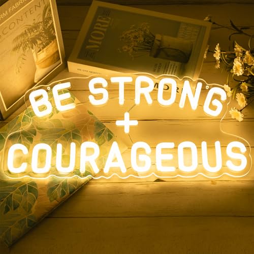 Image of Be Strong and Courageous Neon Sign Dimmable Neon Signs for Wall Decor Positive Affirmations LED Signs USB Light Up Sign for Boy Girl Room Playroom Nursery Wall Decor Bedroom Christian Wall Art