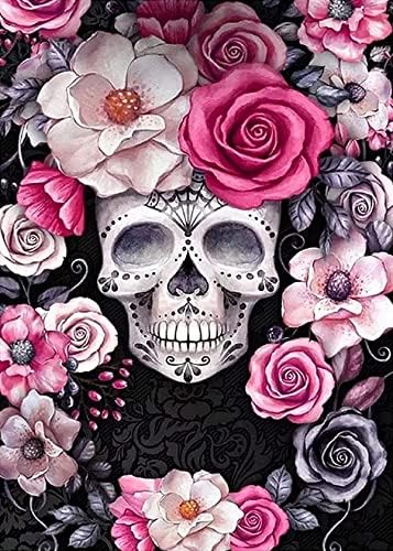 5D Diamond Painting Kits for Adults,DIY Skull Flowers Diamond Art kits,Round Full Drill Diamonds Dots Crystal Gem Art Kits, Home Wall Decor 12x16inch