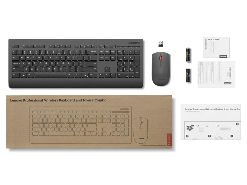 Lenovo Professional Combo Mouse + Tastiera AI - Italia, tastiera full-size ricaricabile con tasto Copilot e layout IT + mouse 4000 DPI, dual wireless 2.4GHz/Bluetooth, ricevitore USB-A