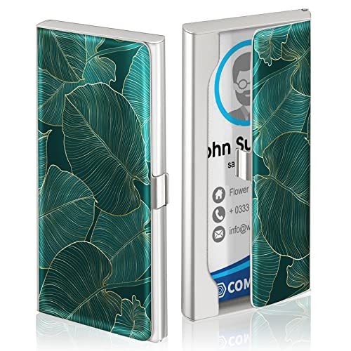 Swooflia Business Card Holder Case Wallet for Men Women Metal Green Tropical Leaves Slim Pocket Purse Square Card Cases Cute For Realtors Real Estate Agents2