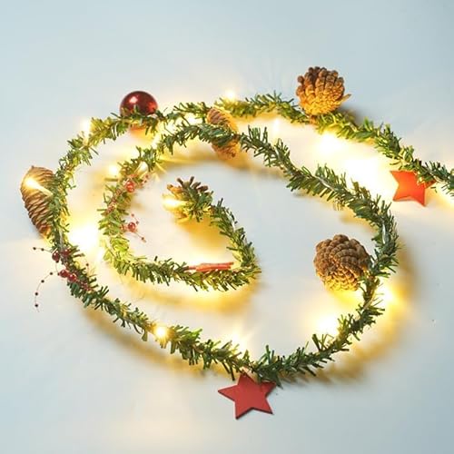 DUOJIN 6.5 FT Christmas Garland Lights with Pine Needle Pinecones Red Berries, Battery Powered 2m 20 LEDs Garland String Lights for Wedding Home Christmas Tree Decorations Indoor & Outdoor Warm Light