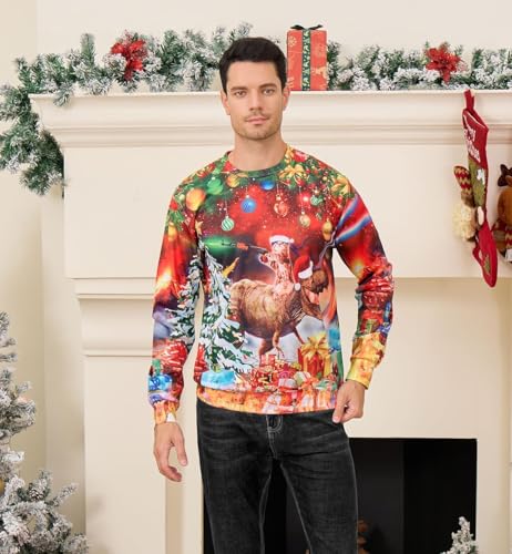 ALISISTER Ugly Christmas Jumpers Hommes Femmes Drôle Dinosaure Imprimé Pull Noel À Manches Longues Sweatshirt Pour La Fête De Noël S