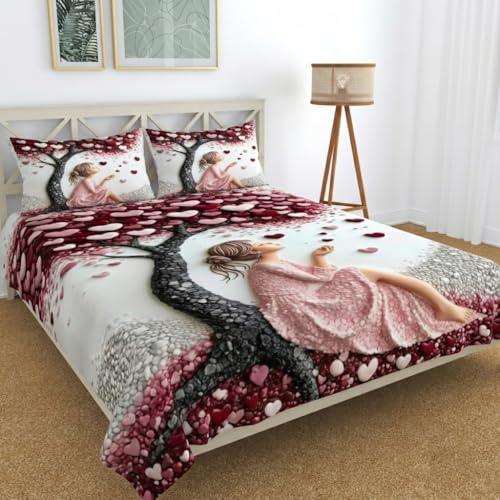 Image of Premium 7D Printed King Size Bedsheet Set with Pillow Covers Soft Cotton Blend Double Bedsheet for Home (Pillow Covers :18x28 inches Bedsheet :90x100 Red)