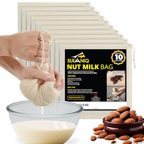 Image of SUFANIQ Nut Milk Bag - 10 Bags (12 x 12 Inch) 100% Unbleached Cotton Cheese Cloth Bag for Straining, Premium Nut Milk Bag Reusable, Nut Bag Strainer for Almond, Soy, Oat Milk, Juices, Cheese Making