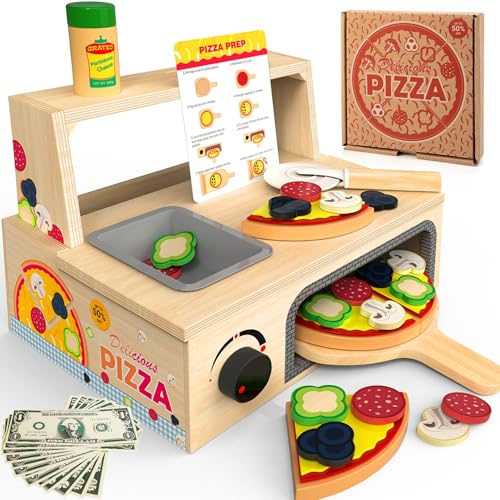 WOODMAM Pizza-Ofen Holzspielzeug ab 3 Jahre Kinder Montessori Spielzeug Kinderküche Zubehör mit Pizza, Pizzateller und Pizzaschneider, Rollenspiel-Geschenke für Jungen Mädchen ab 3 Jahre