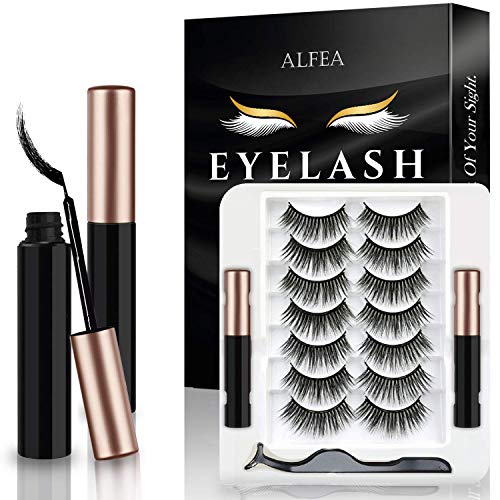 alfea Magnetic Lashes with Eyeliner and Tweezers, 7 Pairs Reusable Magnetic Eyelashes and 2 Tubes of Waterproof Magnetic Eyeliner Kit, [Upgraded] 3D Natural Look, Easy to Wear, No Glue Needed