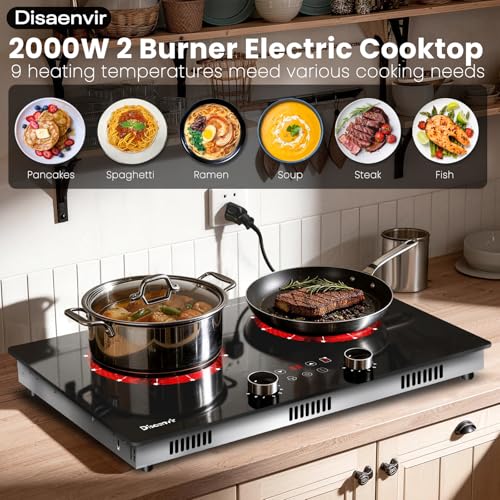 Image of 2 Burner Electric Cooktop 110V - 24 Inch(23.6 inchx 13.78 inch) Ceramic Stove Countertop & Built-in(22 inchx 12.2 inch), 2000W Two Burner Cooktop with Touch & Knob Control, Timer, Safety Lock, 120V Plug in