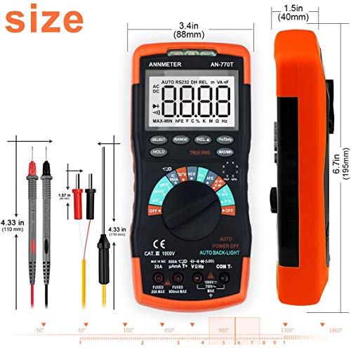 Image of AIOMEST AN-770T Digital Multimeter Auto-Ranging 6000 Counts Multimeter, Voltage /Current /Resistance Meter, Measures Capacitor Temperature and Diode, TRMS DMM with Data Hold, NCV and Backlight