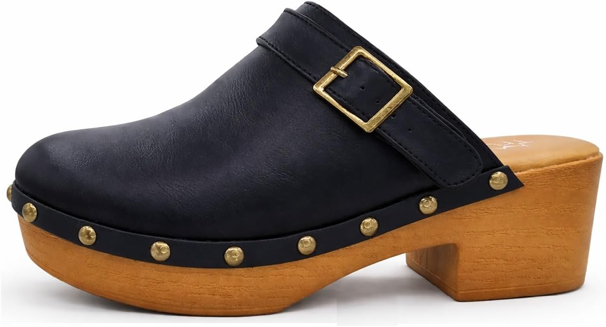 TruFox Women's Clogs Faux Wood Heel Slip On Mules with Optional Slingback Strap Studded Platform Comfortable Low Heel Mule Clog