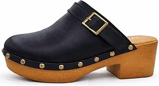 Women's Clogs Faux Wood Heel Slip On Mules with Optional Slingback Strap Studded Platform Comfortable Low Heel Mule Clog