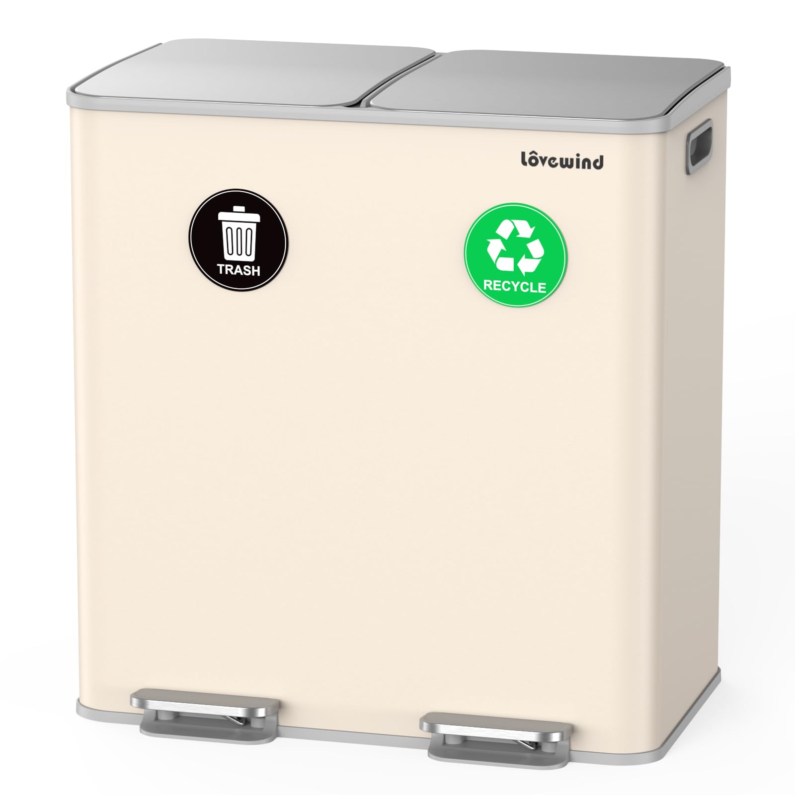 lovewind Kitchen Bin,2 X 30L Dual Compartment Pedal Recycling Bins for Kitchen,Stainless Steel Rubbish Bin with Inner Buckets, Soft Close, Wide Step-On Pedal,Airtight Design,for Home Office,Sand Beige