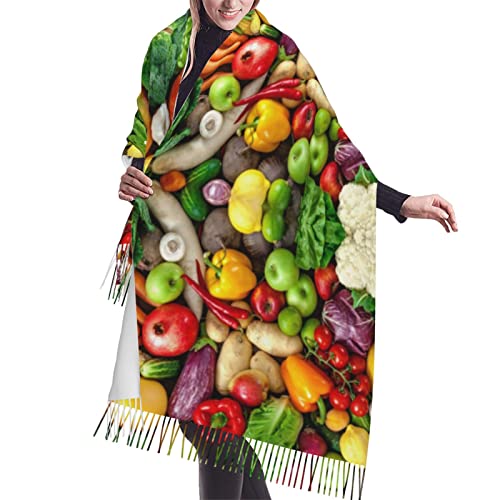 Écharpe à pompons femme motif fruits et légumes frais noir taille unique