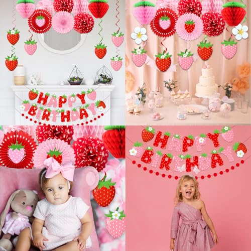 Image of Strawberry Birthday Decorations for Girls, Red Pink White Strawberry Birthday Banner with Tissue Pom Poms Fans Honeycomb Balls Polka Dot Garland and Hanging Swirls Berry Hanging Decor Centerpieces