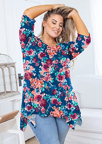 Auslook Plus Size Tops For Women 3/4 Sleeve Colorful Roses 5X Crewneck Tunic Clothing Flowy Blouse Loose Fit Babydoll Summer Fall Winter Maternity Shirts Wear With Leggings B014-Colorful Roses #TOP2