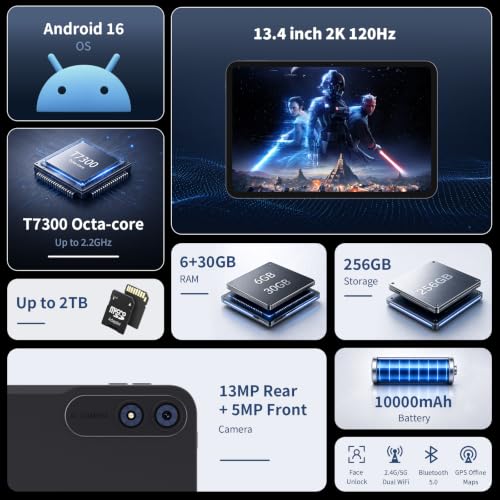 Image of HUIHUANG 13.4‑inch Android 16 Tablet, 36GB RAM + 256GB ROM (Expand to 2TB) | T7300 Octa‑Core 2.2GHz, 120Hz FHD+ IPS Display, 10000mAh Battery, Gemini AI, Face Unlock, Dual Speakers - Shadow Black