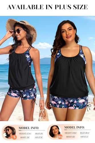 Holipick Women Flamingo and Black Tankini Swimsuits Two Piece Tummy Control Bathing Suits Blouson Swim Tank Top with Boy Shorts L