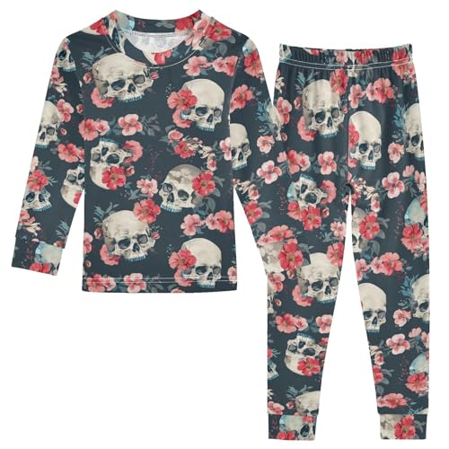 Fustylead Mysterious Skulls and Pink Floral Wreath Pajamas Cotton Sleepover PJ Set Long Sleeve Lounge Wear