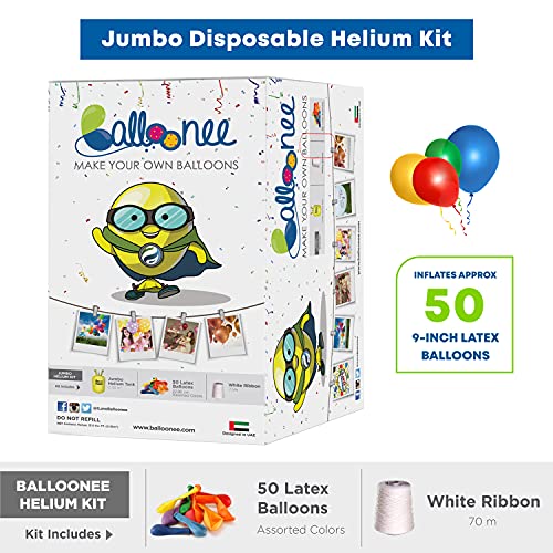 Balloonee Jumbo Disposable Helium Party Kit, Helium Tank for Balloons At Home, 13.5 Cu Ft Helium Balloon Pump Kit with 50 Assorted Latex Balloons, Helium Tank, Perfect for All Celebrations