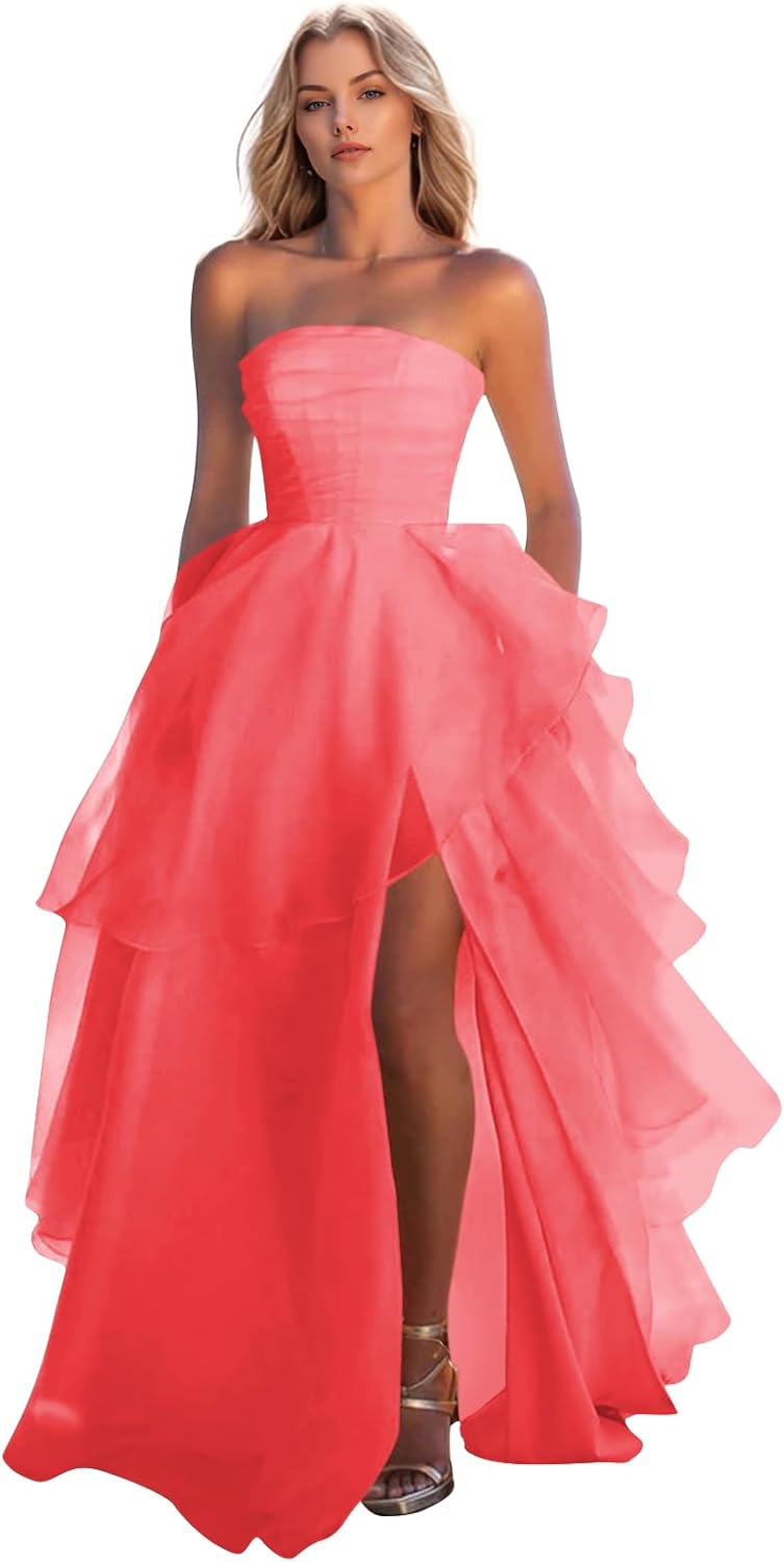 Prom Dress for Women Strapless Ruffles A Line Satin Tulle Layered Formal Evening Gown with Slit