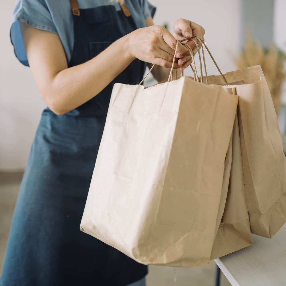 100 Bolsas de papel con asas Bolsa de papel para compras resistentes Bolsas para cumpleaños, regalos, bodas, fiestas, bolsas para tiendas de papel (24+11x34V, Kraft)