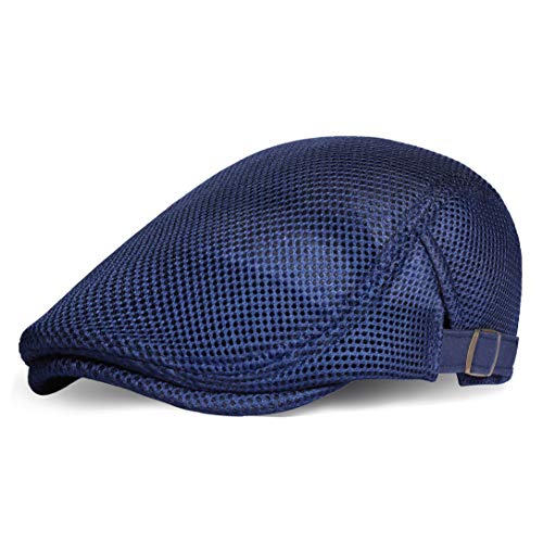 BABEYOND Men's Mesh Flat Cap Breathable Summer Newsboy Hat Beret Cabbie Ivy Hat Gatsby Newsboy Hat for Driving Hunting (Navy Blue, Polyester & Alloy)