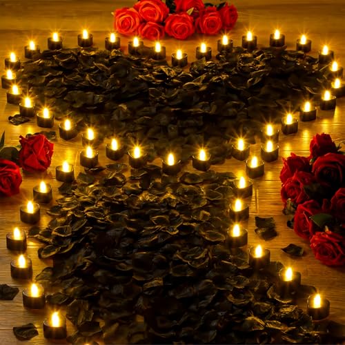 Image of Coume 6000 Pieces Artificial Rose Petal 72 Pieces LED Tealights Candle, Romantic Decorations Special Night Rose Petal Heart Candle for Valentines Wedding Anniversary Proposal Decor(Balck)