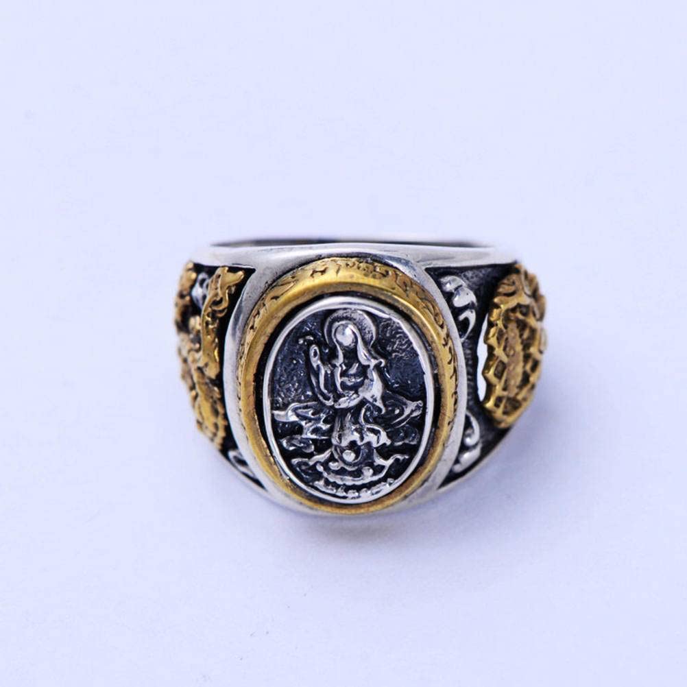 BEWITCHYUSterling Silver Open Finger Ring 925 Sterling Silver Hand Jewelry, Lotus Guanyin Green Dragon Tengyun Ring Gifts for Lover 925 Silver, 16th