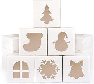 12 PCS Christmas Cookie Boxes, 6×6×3 Inches Treat Boxes Tin, Small Pastry Boxes with Window, for Gift Giving Packaging Dessert Bakery Cupcake Baked Goods (White)