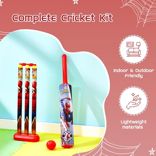 Image of Amazon Brand - Jam & Honey Spiderman Cricket Set 3+ Years, Complete Kids Cricket Kit with Bat, Ball, Stumps & Bails, Indoor Outdoor Sports Toy for Boys & Girls, BIS Certified, Non-Toxic, Multicolour