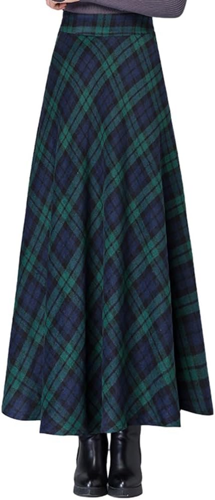 Plaid Wool Skirts for Women Warm Elastic High Waist Plaid A-Line Pleated Long Skirt