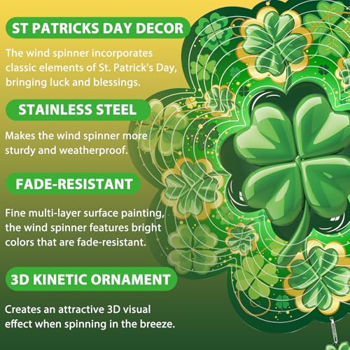 Image of St. Patrick's Day Wind Spinner, St Patricks Day Decorations Gifts for Women, 3D Shamrock Hanging Wind Spinners for Outdoor & Indoor Decor, 12 Inch Metal Wind Spinner for Garden Yard Home Ornament
