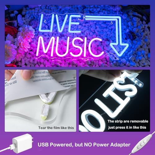 Image of Live Music Neon Sign LED Neon Sign Large Blue and Pink Words for Music Studio USB Powered Switch for Wall Decor Beer,Bar,Bedroom,Party,Club
