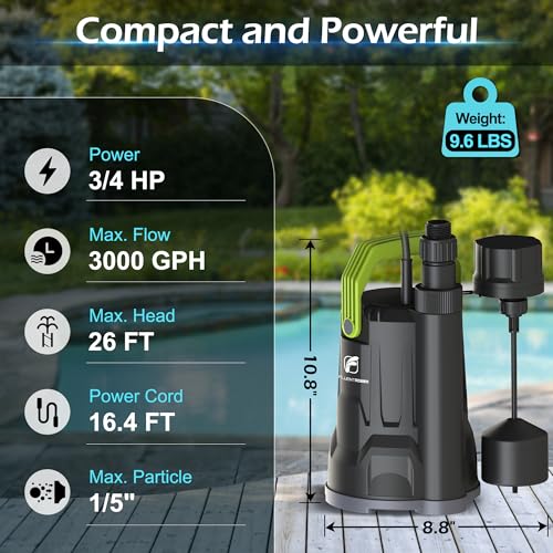 Image of Sump Pump, 3 /4HP 3000GPH Submersible Water Pump, Utility Pump with Vertical Float Switch for Swimming Pool Garden Pond Basement Draining, with 16.4Ft Cord, Adapters, Check Valve and Rop