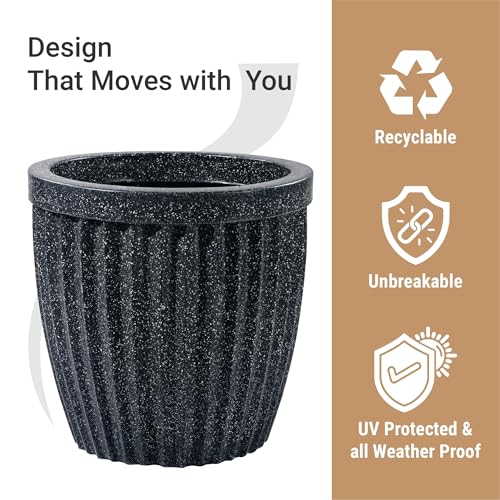 Image of Kuber Industries 14-Inch Roto Mould German Polymer Big Size Flower Pot | Indoor /Outdoor Tree Gamla Planter for Living Room, Resorts, Hotels, Terrace & Garden | Marble Pihu Neo - Black