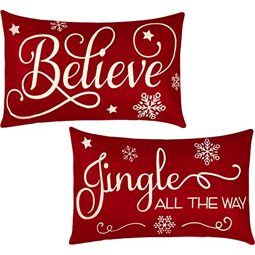 2 Pieces Christmas Pillow Covers 12 x 20 Inch Xmas Believe Throw Pillow Cases Red Cushion Cover Rectangle Xmas Linen Pillowcases for Home Bedroom Couch Sofa Christmas Decorations by Tegeme - Used condition - US$6.81