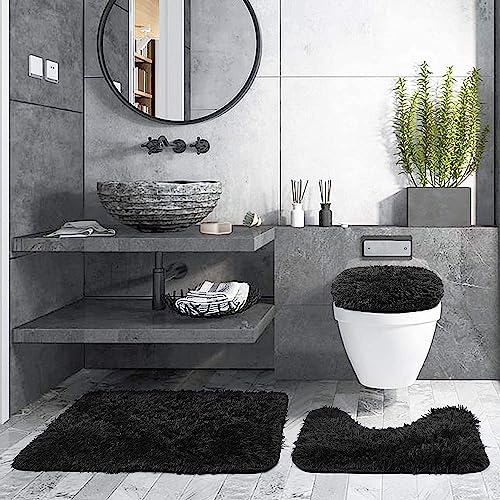 ETOPARS Juego de 3 alfombras de baño de Color sólido, absorbentes, Antideslizantes, Suaves, Lavables y de Color Negro