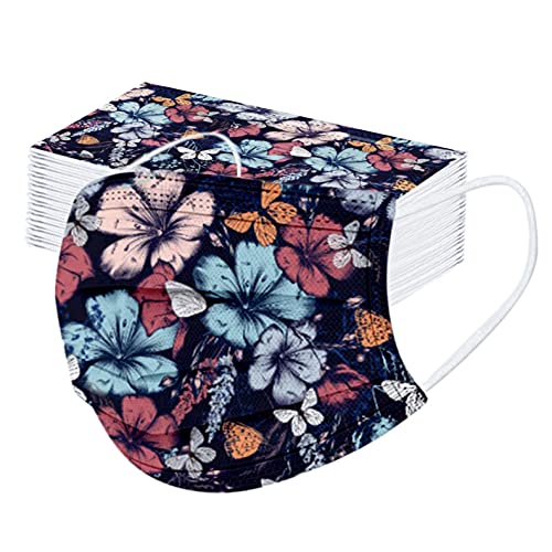 PEKLOKIW 50 Pièces Imprimé Floral Visage_Masque_Adulte Jetable 3 Couches Non Tissé Anti-Poussière Respirant Face Scarfs, avec Crochets d'oreille élastiques, Multicolore, pour Hommes et Femmes (#29) Cover