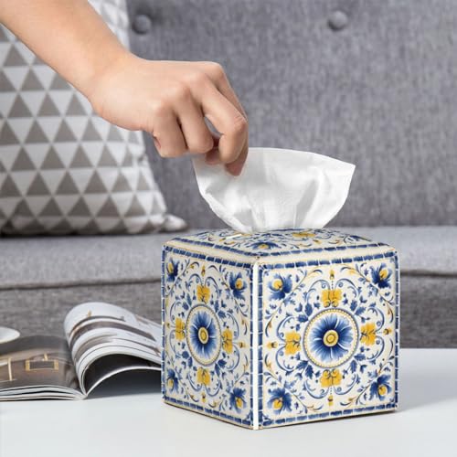 DXTKWL Tissue Box Cover Blue Yellow Antique Tiles Ornament Square PU Leather Tissue Box Holder for Car Bathroom Bedroom Desk Tabletop Decor by DXTKWL - Used condition - Image 6
