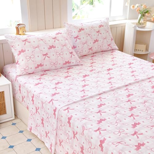Homilay Full Sheet Set Kids - Pink Check 4 Pieces Soft Microfiber Cartoon Style Bedsheets for Boys Girls Teens Oeko TEX Breathable 15 Inch Deep Pocket Sheets(Pink Bow)