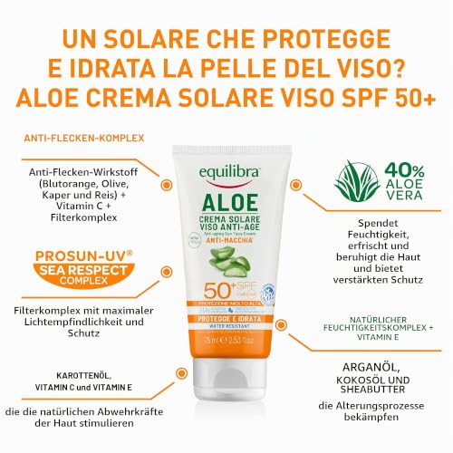 equilibra Solari, Aloe Sonnencreme für das Gesicht mit LSF 50+, Sonnenschutz für das Gesicht auf Basis von Aloe Vera, Arganöl, Kokosöl… – Ansicht 2