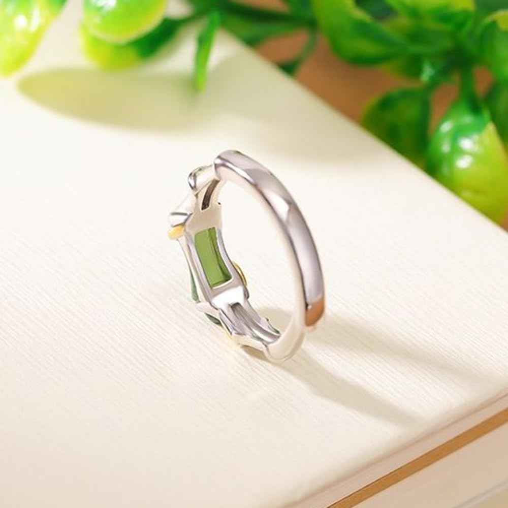 Anillo de plata S925 con incrustaciones de jaspe hetiano natural, nudo de bambú y hoja de bambú (apertura ajustable) para mujer, Jade, Sin piedras preciosas